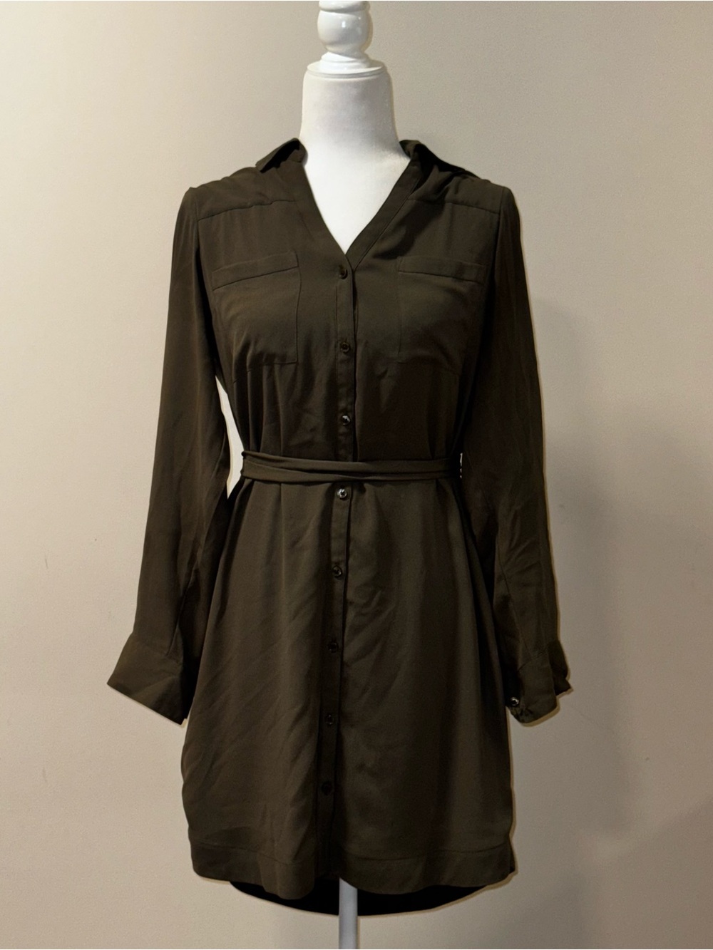 Express Olive Green Utility Shirt Dress with Tie Waist – Size M